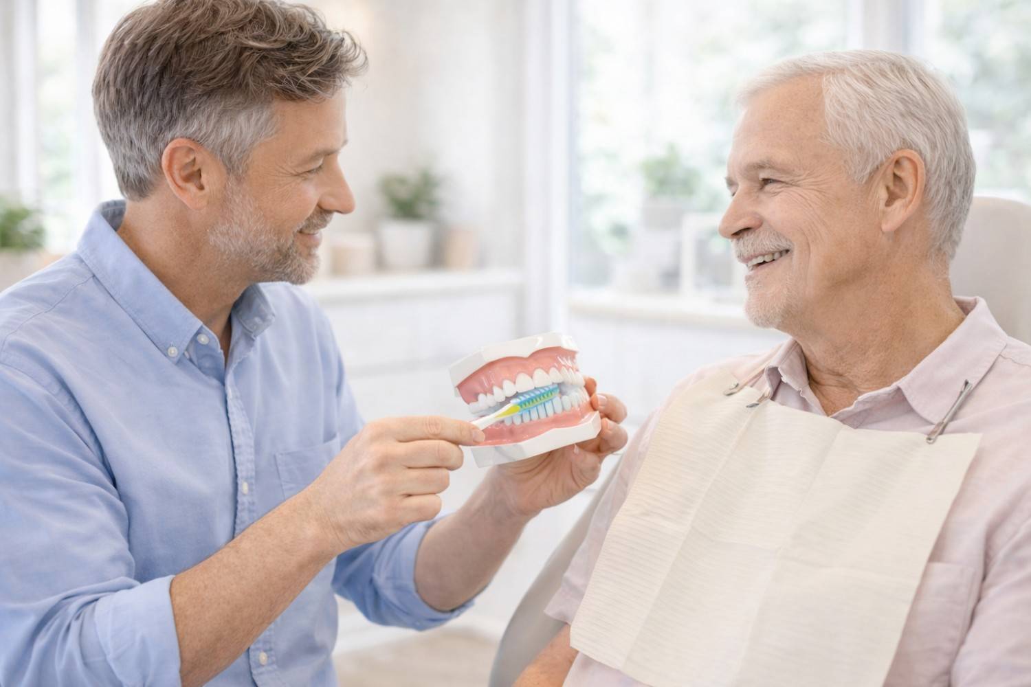 Dentist demonstrating proper brushing with a dental model to a senior patient.
